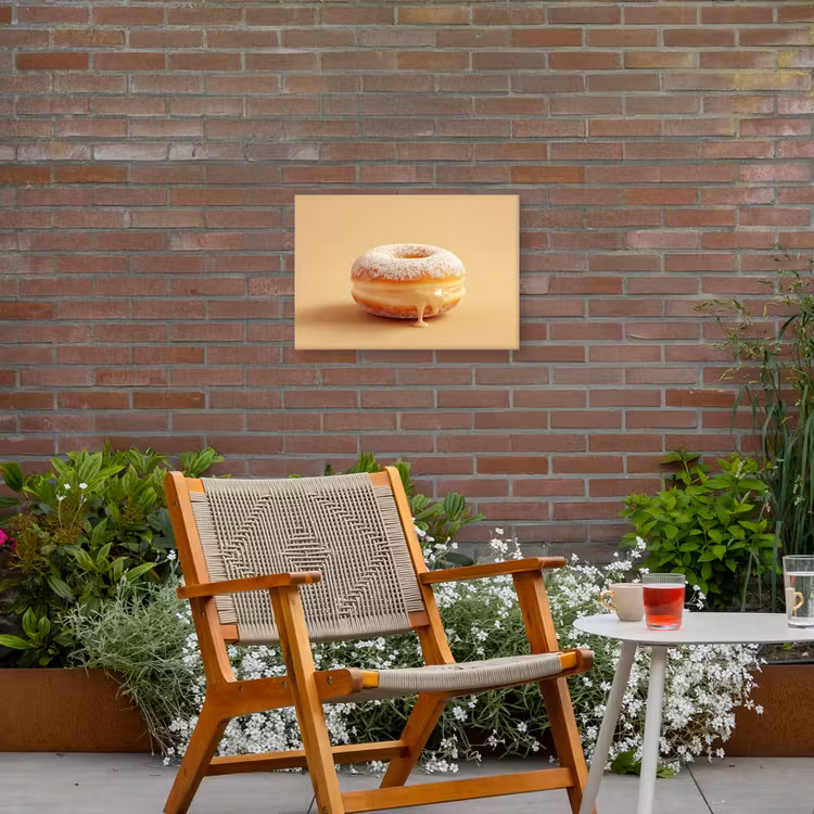 Donut - Romig - Poedersuiker - Beige Tuinposter op houten frame 2 cm dik klein -sfeer3