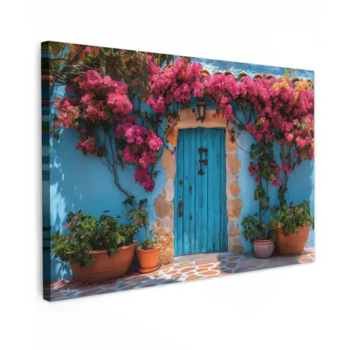 Deur - Hout - Bloemen - Blauw Tuinposter op houten frame 2 cm dik klein -3d