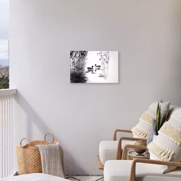 Eenden - Waterlelies - Riet - Zwart Tuinposter op houten frame 2 cm dik klein -sfeer1
