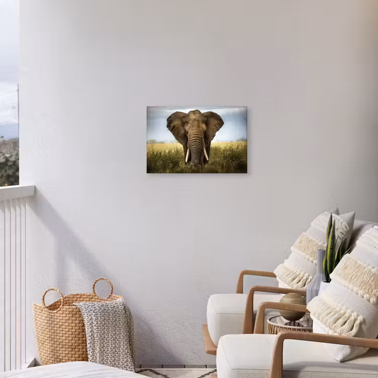 Olifant - Natuur - Gras - Dieren - Landschap Tuinposter op houten frame 2 cm dik klein -sfeer1