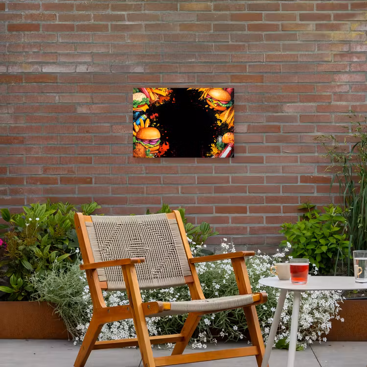 Fastfood - Graffiti - Hamburger - Eten - Modern Tuinposter op houten frame 2 cm dik klein -sfeer3