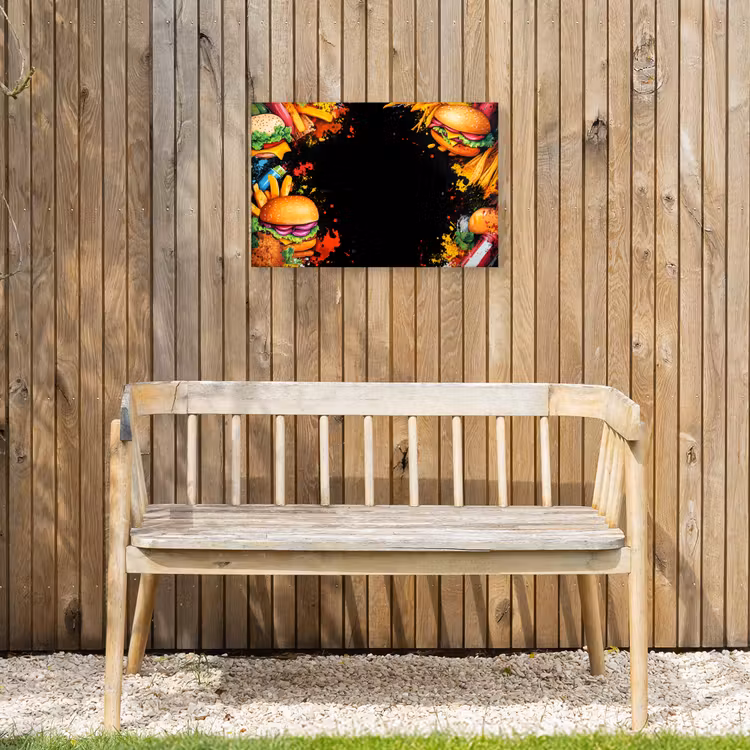Fastfood - Graffiti - Hamburger - Eten - Modern Tuinposter op houten frame 2 cm dik klein -sfeer4