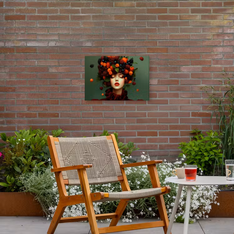 Vrouw - Aardbeien - Frambozen - Bramen - Bessen Tuinposter op houten frame 2 cm dik klein -sfeer3