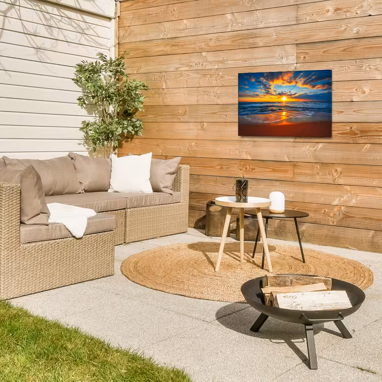 Vurige Zonsopgang aan Zee Tuinposter op houten frame 2 cm dik klein -sfeer2