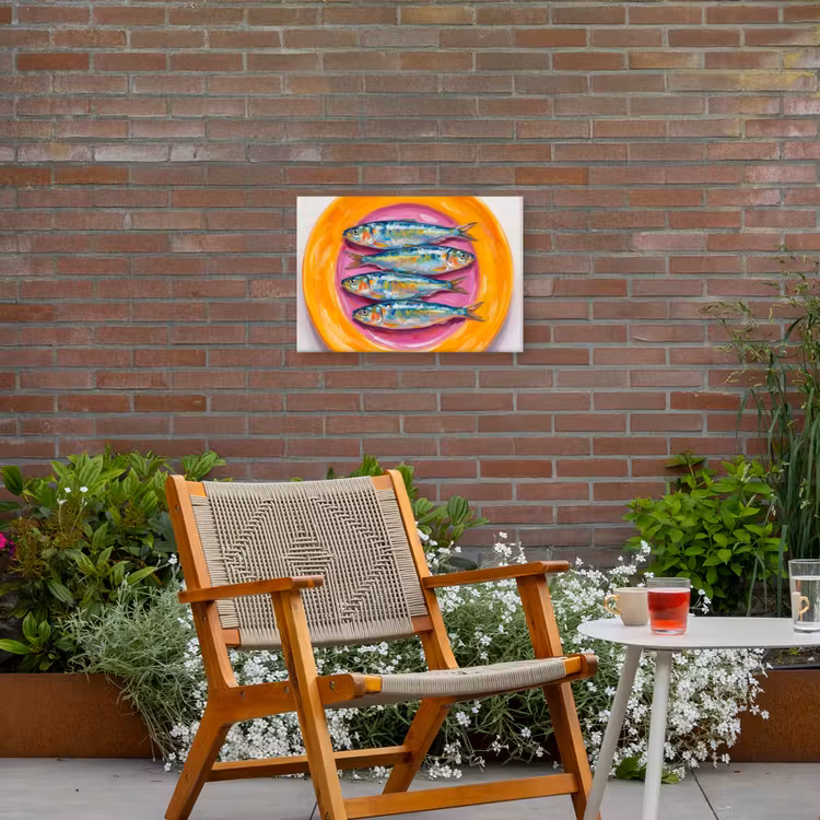 Vis - Vier - Eten - Modern - Kleurrijk Tuinposter op houten frame 2 cm dik klein -sfeer3