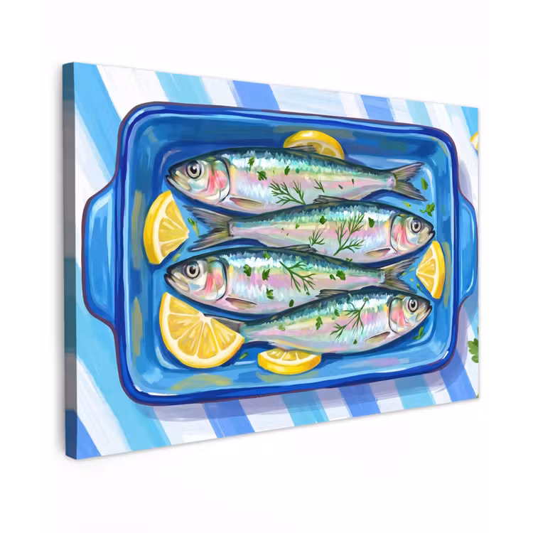 Vis - Citroen - Kruiden - Eten - Blauw Tuinposter op houten frame 2 cm dik klein -3d