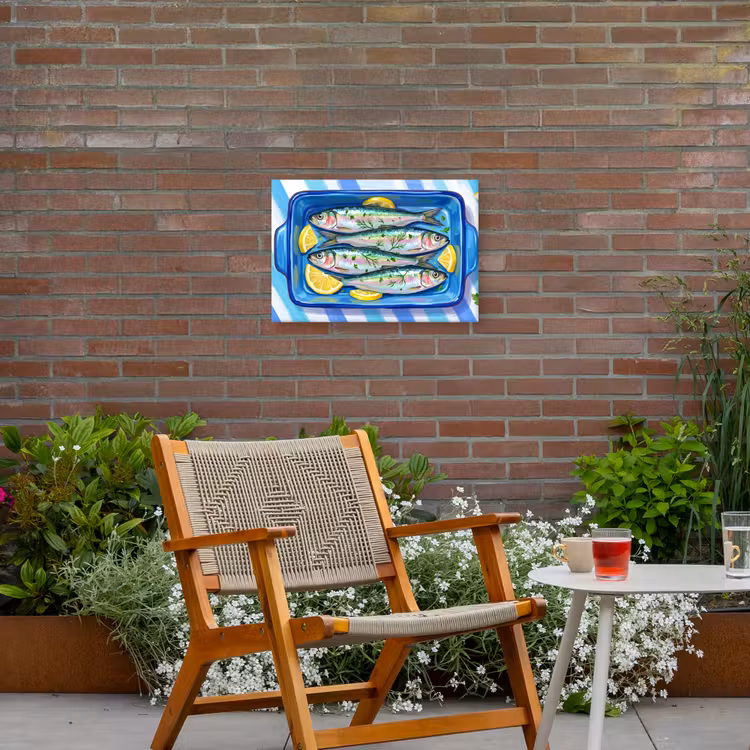 Vis - Citroen - Kruiden - Eten - Blauw Tuinposter op houten frame 2 cm dik klein -sfeer3