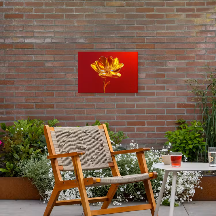 Bloem - Goud - Glazen Tuinposter op houten frame 2 cm dik klein -sfeer3