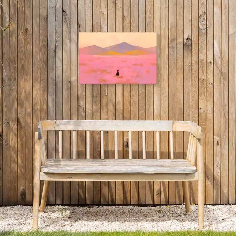 Bloemenweide - Heuvels - Silhouet - Roze Tuinposter op houten frame 2 cm dik klein -sfeer4