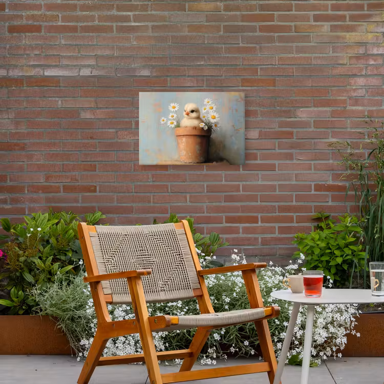 Bloempot - Kuiken - Bloemetjes Tuinposter op houten frame 2 cm dik klein -sfeer3