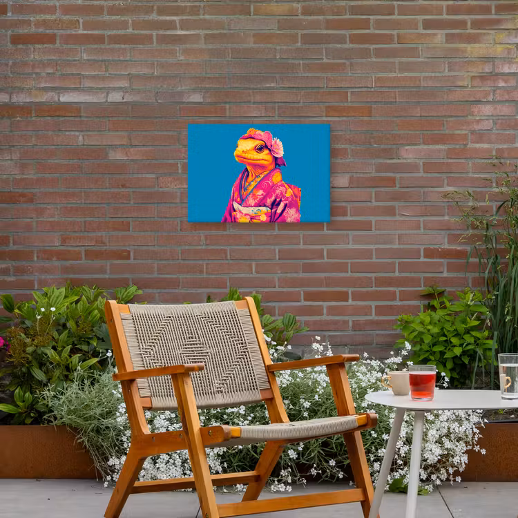 Bloemenkrans - Hagedis - Kimono - Paars Tuinposter op houten frame 2 cm dik klein -sfeer3