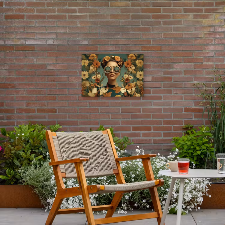 Bloemenkrans - Vrouwengezicht - Zonnebril - Oranje Tuinposter op houten frame 2 cm dik klein -sfeer3