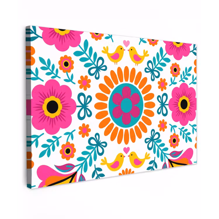 Bloemen - Vogel - Patroon - Kleurrijk - Modern Tuinposter op houten frame 2 cm dik klein -3d