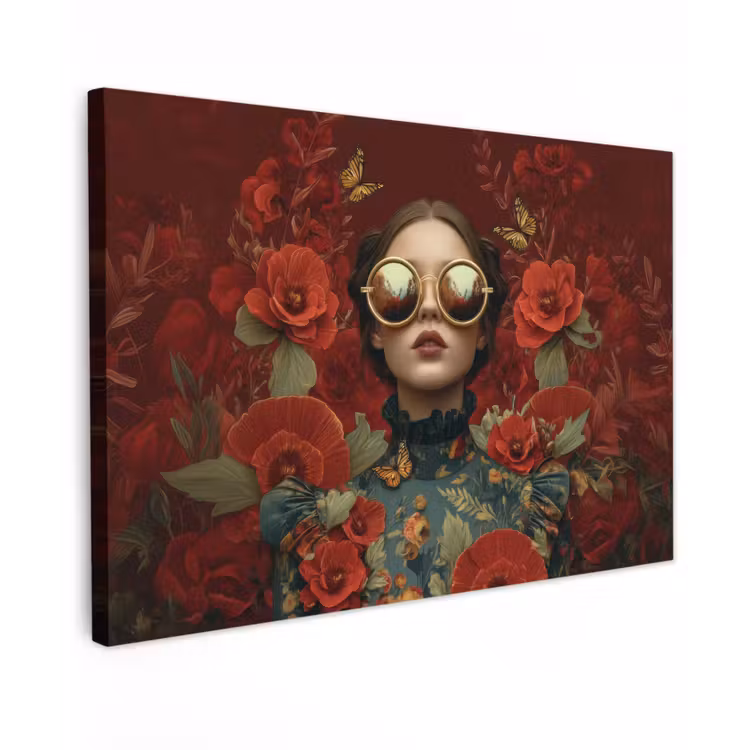 Bloemen - Dieprood - Zonnebril - Vrouw Tuinposter op houten frame 2 cm dik klein -3d