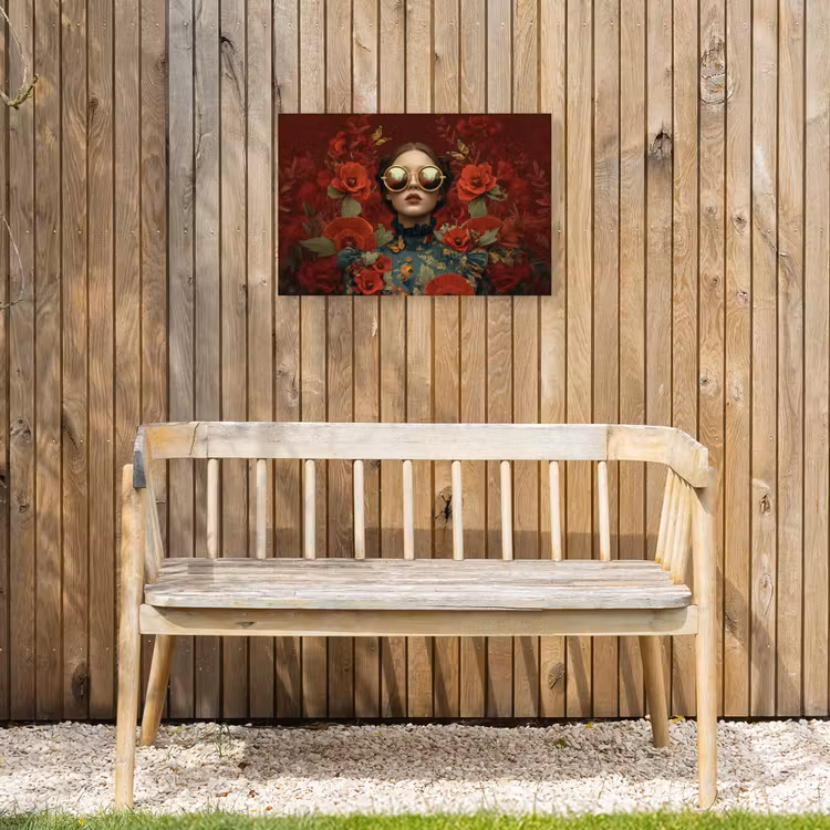 Bloemen - Dieprood - Zonnebril - Vrouw Tuinposter op houten frame 2 cm dik klein -sfeer4
