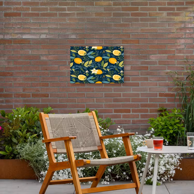 Bloemen - Bladeren - Citroenen - Blauw Tuinposter op houten frame 2 cm dik klein 845 -sfeer3