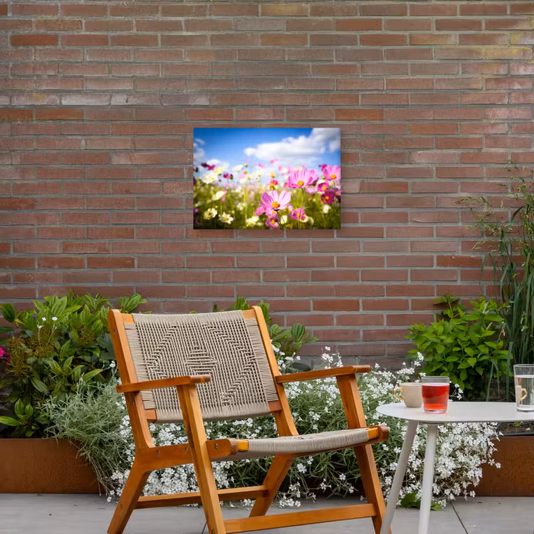 Bloemen - Wei - Paars - Gras - Wit - Wolken - Blauw Tuinposter op houten frame 2 cm dik klein -sfeer3
