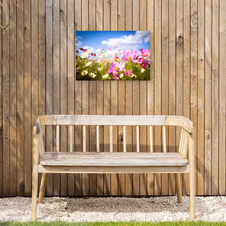 Bloemen - Wei - Paars - Gras - Wit - Wolken - Blauw Tuinposter op houten frame 2 cm dik klein -sfeer4