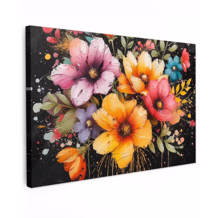 Bloemenpracht op Zwarte Achtergrond Tuinposter op houten frame 2 cm dik klein -3d