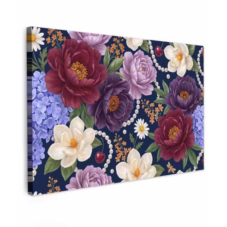 Bloemen - Parels - Decoratie - Modern - Blauw Tuinposter op houten frame 2 cm dik klein -3d