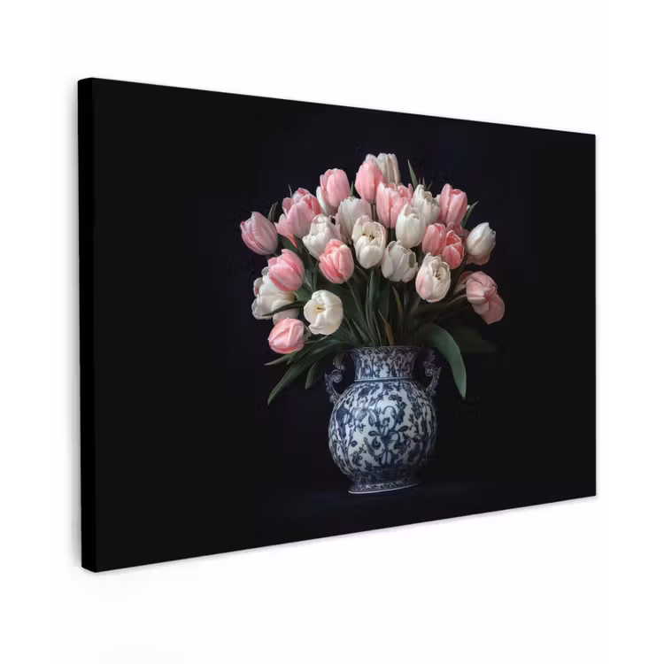 Bloemen - Roze - Tulpen - Vaas Tuinposter op houten frame 2 cm dik klein -3d