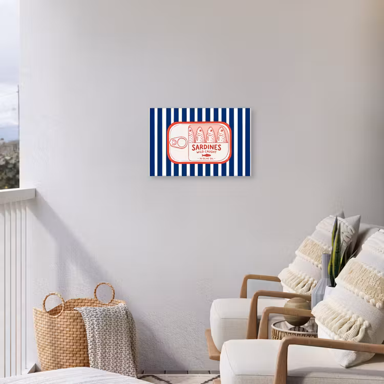 Eten - Vis - Blik - Illustratie - Rood Tuinposter op houten frame 2 cm dik klein -sfeer1