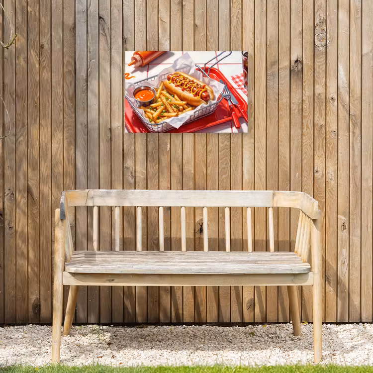 Eten - Hotdog - Fastfood - Modern - Rood Tuinposter op houten frame 2 cm dik klein -sfeer4