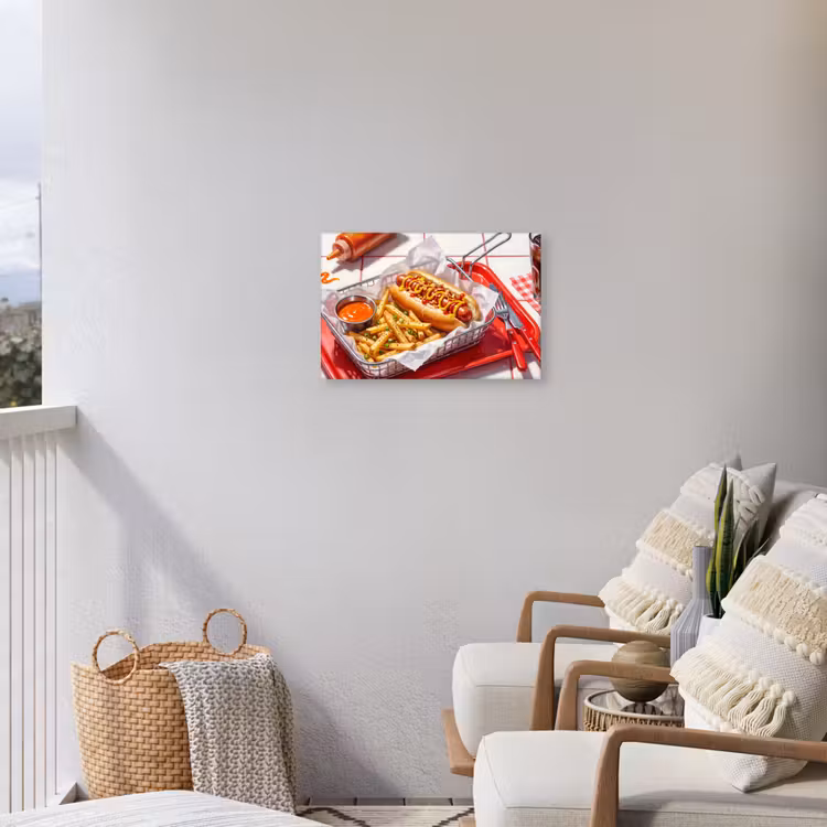 Eten - Hotdog - Fastfood - Modern - Rood Tuinposter op houten frame 2 cm dik klein -sfeer1