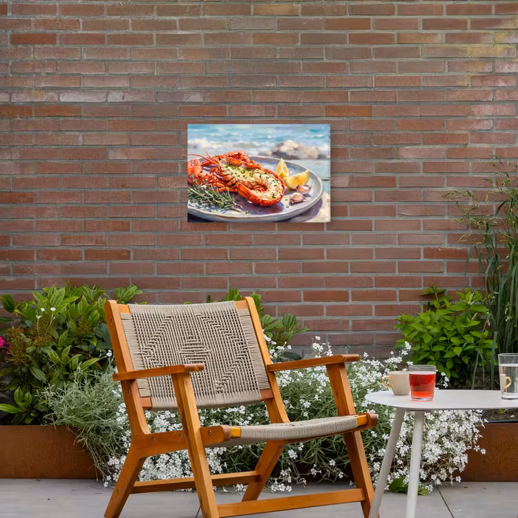 Eten - Zee - Kust - Modern - Blauw Tuinposter op houten frame 2 cm dik klein -sfeer3