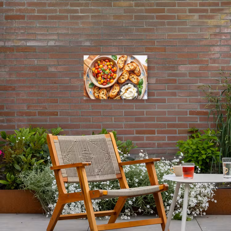 Eten - Tomaat - Brood - Kleurrijk - Keuken Tuinposter op houten frame 2 cm dik klein -sfeer3