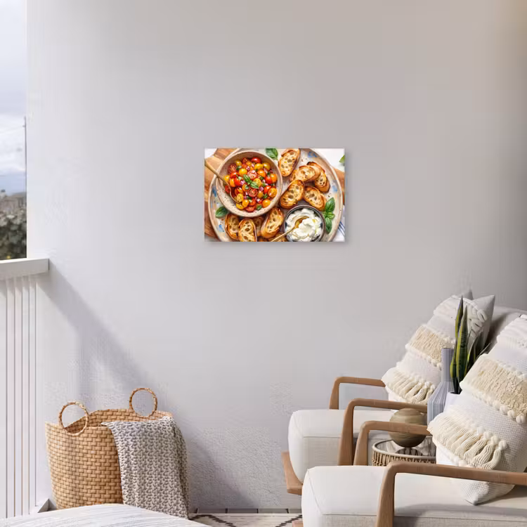 Eten - Tomaat - Brood - Kleurrijk - Keuken Tuinposter op houten frame 2 cm dik klein -sfeer1