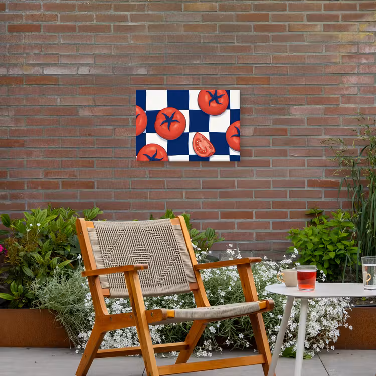 Eten - Tomaten - Keuken - Illustratie - Rood-Blauw Tuinposter op houten frame 2 cm dik klein -sfeer3