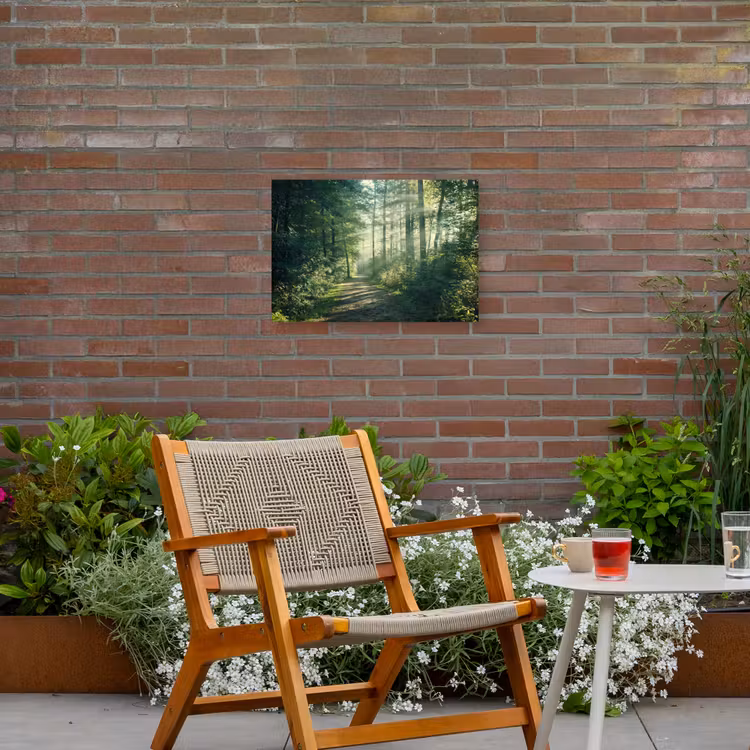 Bosweg in ochtendlicht Tuinposter op houten frame 2 cm dik klein -sfeer3