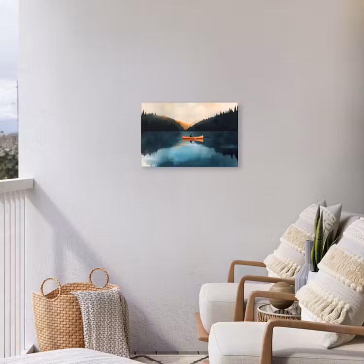 Bossen - Meer - Kano - Oranje Tuinposter op houten frame 2 cm dik klein -sfeer1