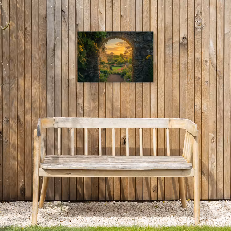 Poort - Planten - Zonsondergang Tuinposter op houten frame 2 cm dik klein -sfeer4