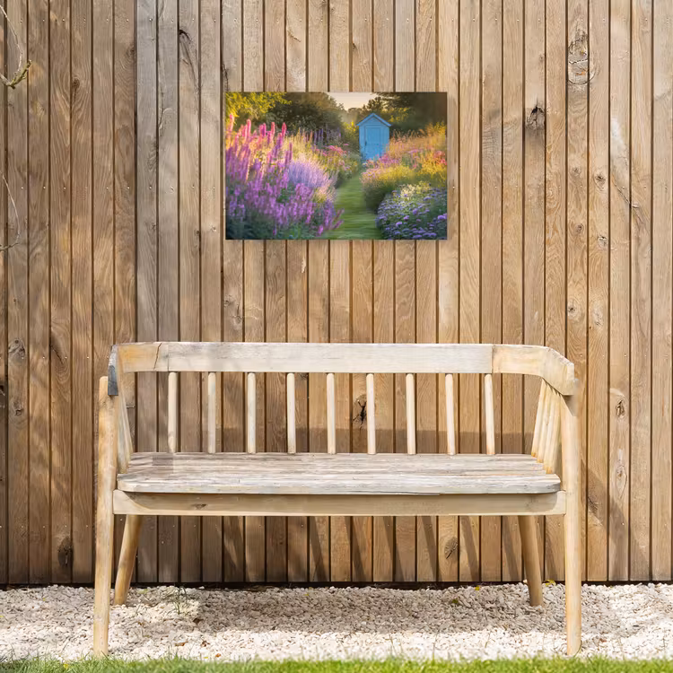 Tuinhuisje - Blauw - Bloemen Tuinposter op houten frame 2 cm dik klein -sfeer4