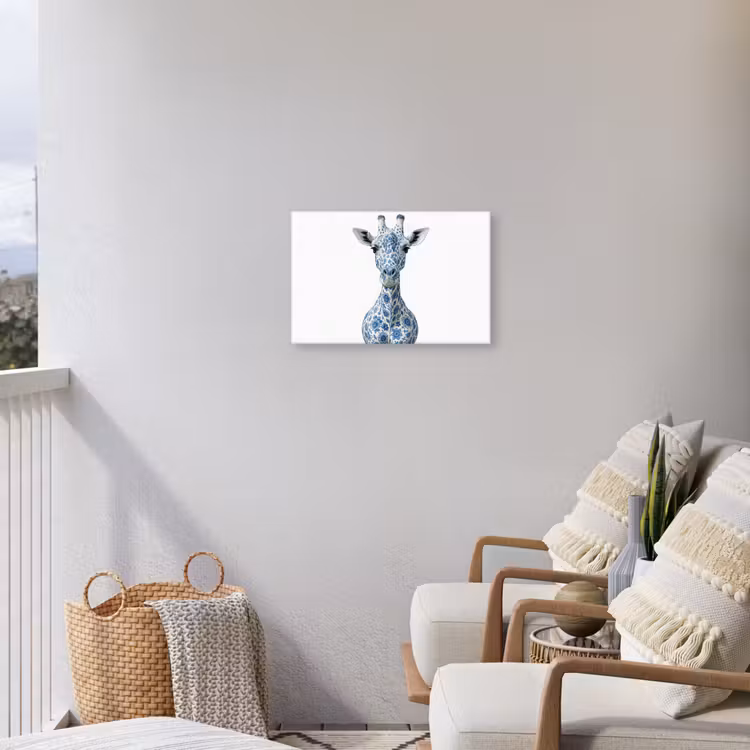 Giraffe - Delfts blauw - Dieren - Minimalistisch Tuinposter op houten frame 2 cm dik klein -sfeer1