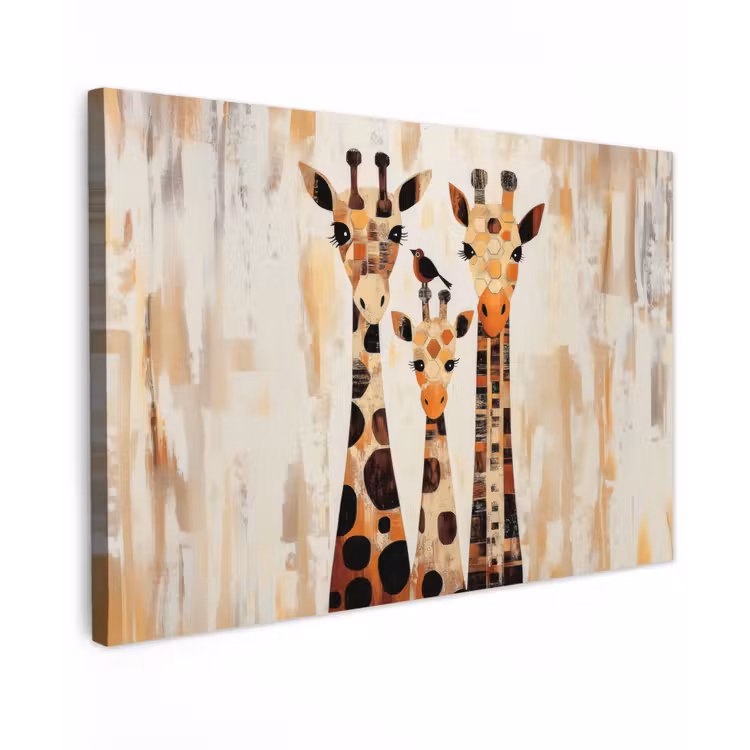 Giraffen - Cartoon - Crème Tuinposter op houten frame 2 cm dik klein -3d