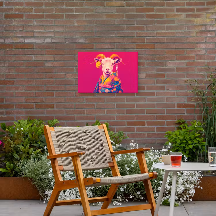 Geit - Hoorns - Kimono - Kleurrijk Tuinposter op houten frame 2 cm dik klein -sfeer3