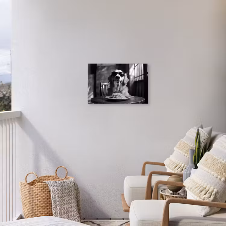 Golden Retriever - Hond - Vrolijk - Bord spaghetti - Zwart - wit Tuinposter op houten frame 2 cm dik klein -sfeer1