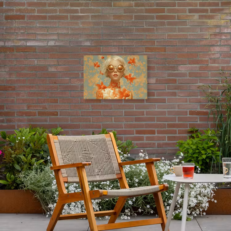 Goudvissen - Oranje - Vrouw - Blond Tuinposter op houten frame 2 cm dik klein -sfeer3