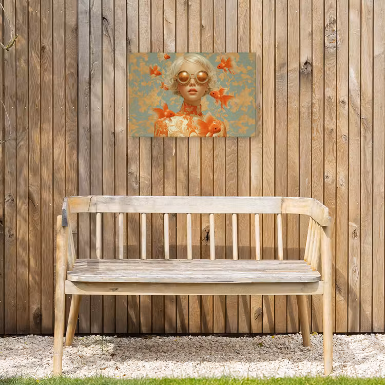 Goudvissen - Oranje - Vrouw - Blond Tuinposter op houten frame 2 cm dik klein -sfeer4