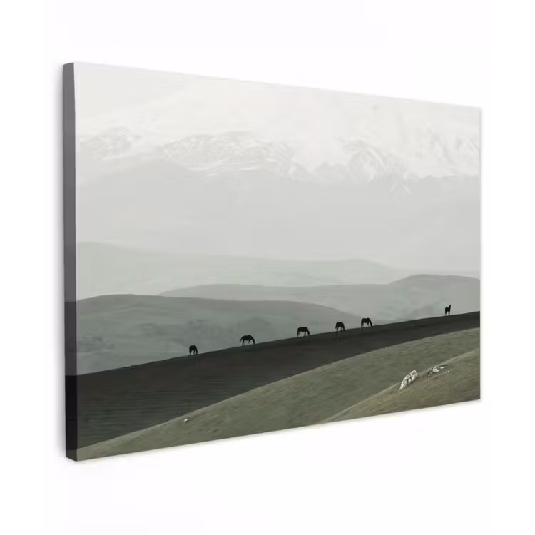 Grijs - Berg - Paarden Tuinposter op houten frame 2 cm dik klein -3d