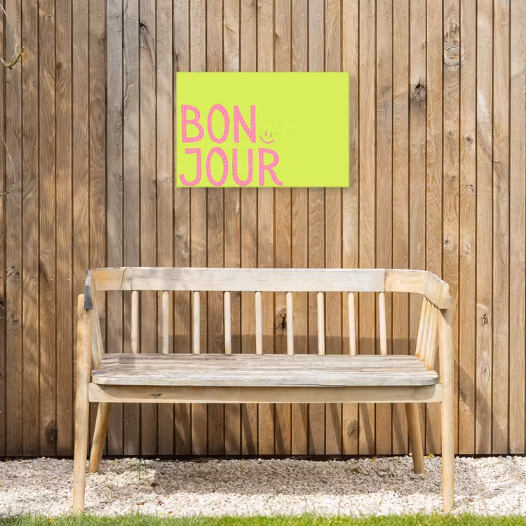 Groen - Smiley - Bonjour - Roze Tuinposter op houten frame 2 cm dik klein -sfeer4