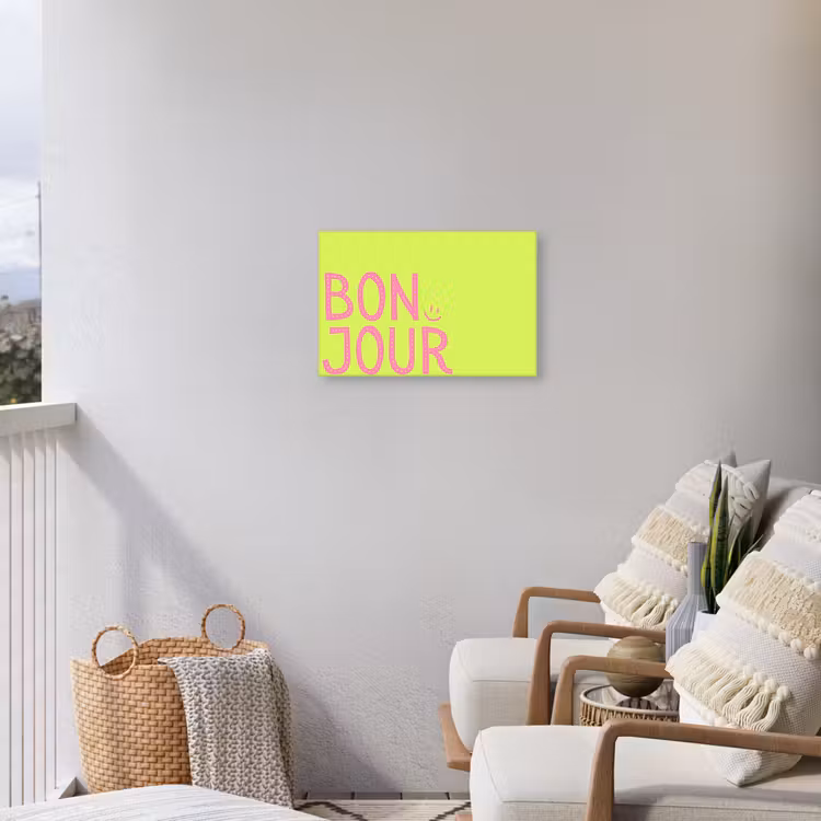 Groen - Smiley - Bonjour - Roze Tuinposter op houten frame 2 cm dik klein -sfeer1
