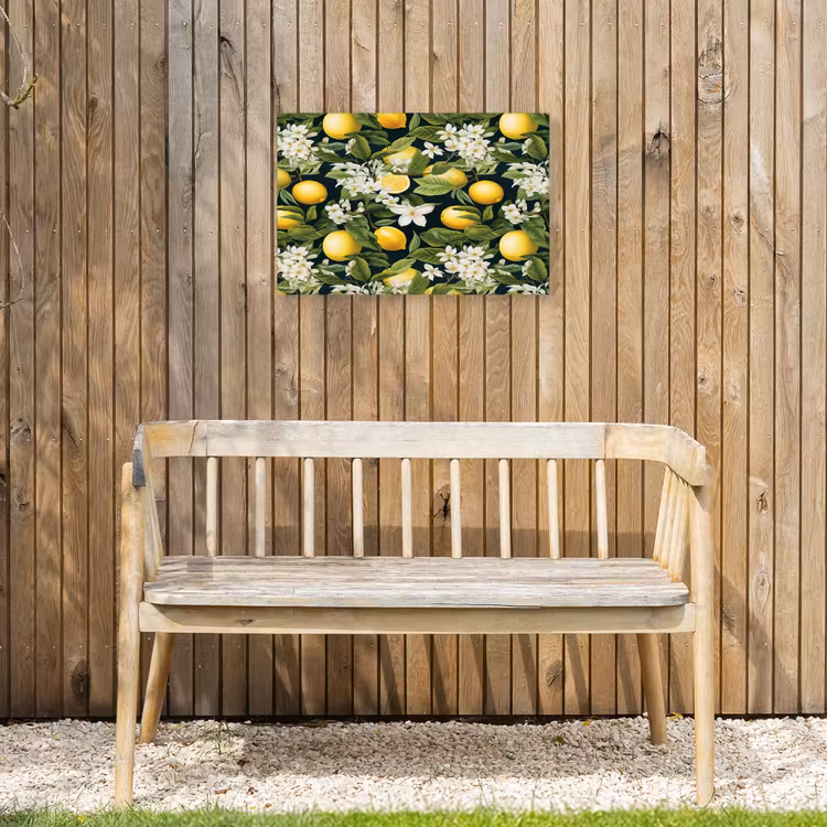 Hangende - Citroenen - Witte - Bloemetjes Tuinposter op houten frame 2 cm dik klein 845 -sfeer4