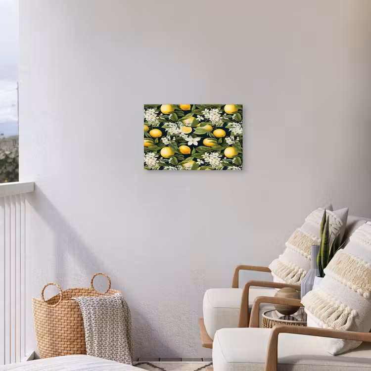 Hangende - Citroenen - Witte - Bloemetjes Tuinposter op houten frame 2 cm dik klein 845 -sfeer1