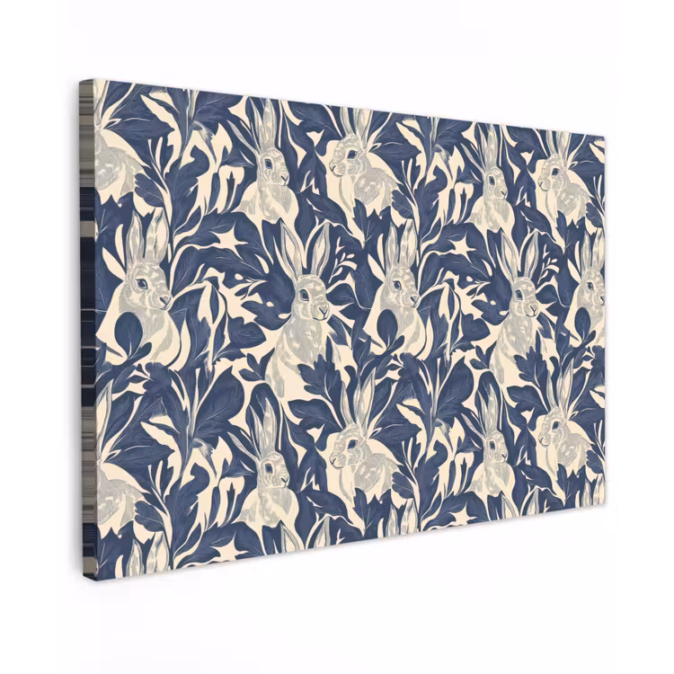 Hazen - Bladeren - Patroon - Blauw - Beige Tuinposter op houten frame 2 cm dik klein 845 -3d