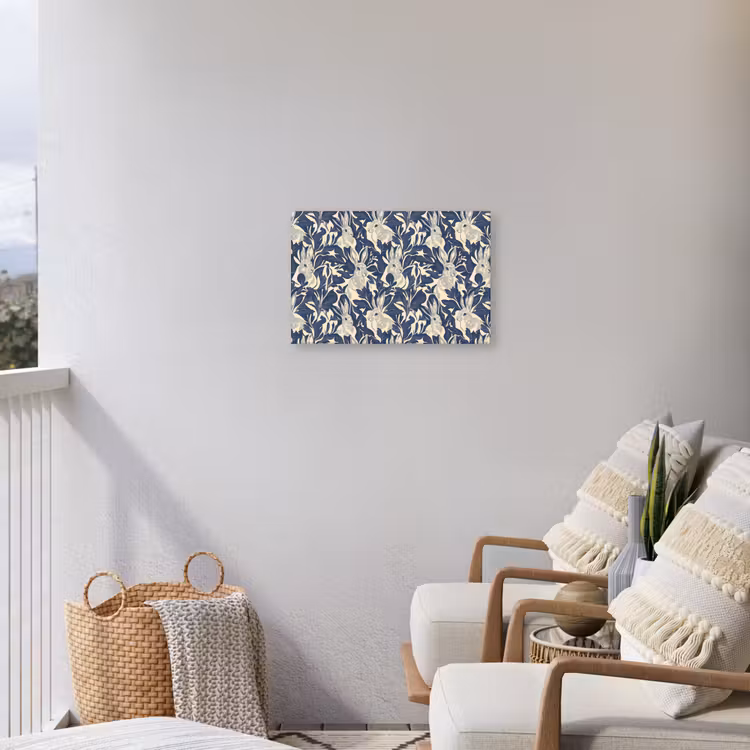 Hazen - Bladeren - Patroon - Blauw - Beige Tuinposter op houten frame 2 cm dik klein 845 -sfeer1