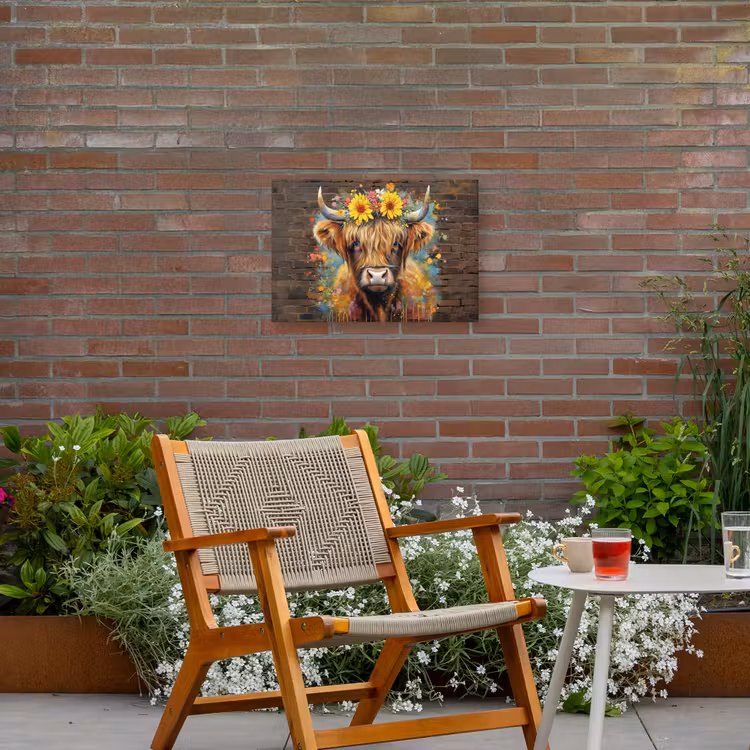 Hooglander met Bloemenkroon Tuinposter op houten frame 2 cm dik klein -sfeer3